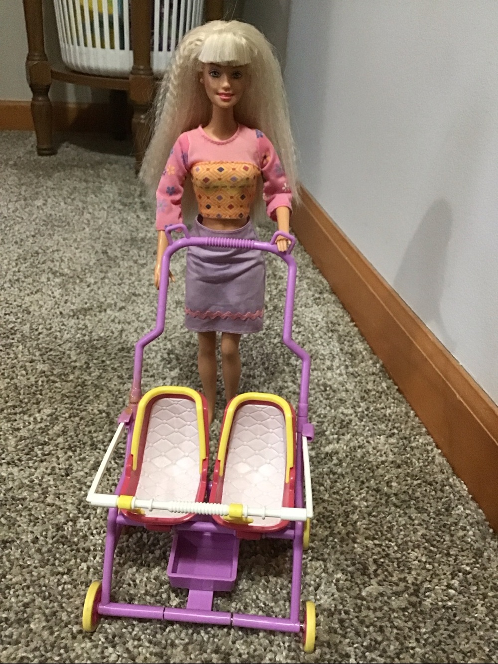Vintage Crimped hair Barbie doll with double stroller